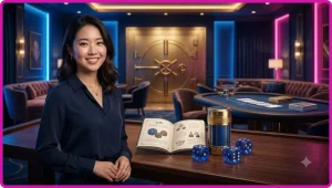 Ba viên xúc xắc lớn màu tối với chấm vàng trên bề mặt bóng trong không gian lounge cao cấp