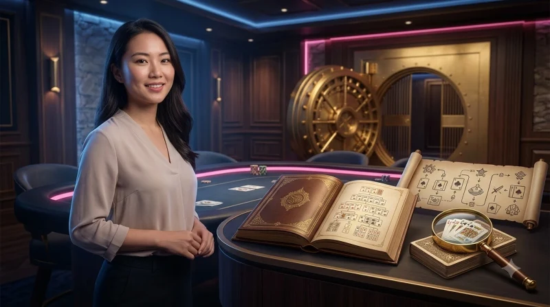 Bàn blackjack với tay bài Át và K cùng chip casino dưới ánh đèn neon