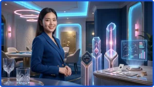 Bàn blackjack với tay bài Át và K cùng chip casino dưới ánh đèn neon
