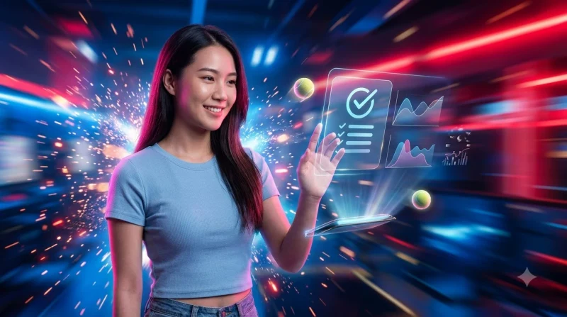 Bàn làm việc hiện đại với máy tính bảng xem tennis trực tiếp và checklist dạng hologram