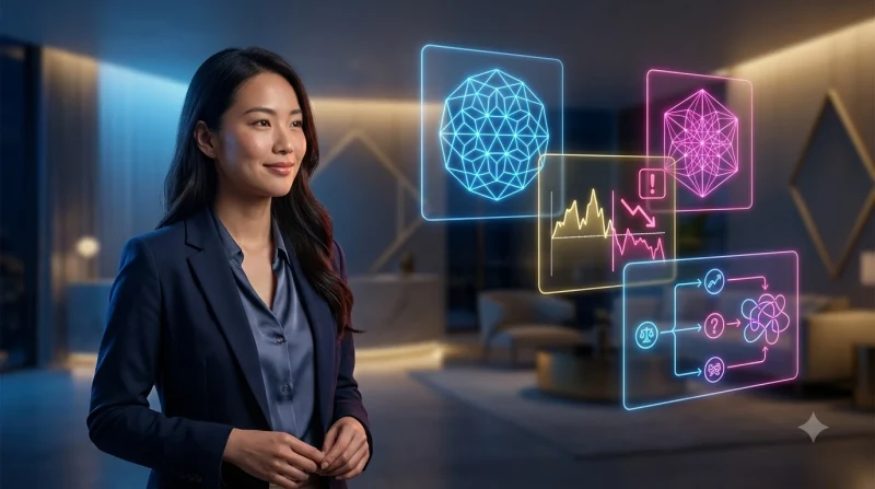 Bàn tay cách điệu cầm lá bài với biểu tượng cảnh báo và cân rủi ro, minh họa sai lầm của người mới