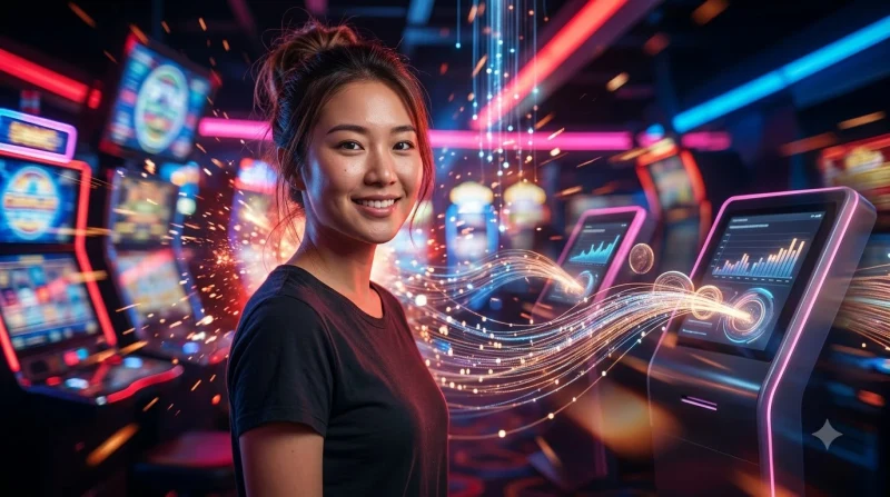Biểu tượng dấu hỏi phát sáng với các biểu tượng slot và dòng thanh toán xung quanh