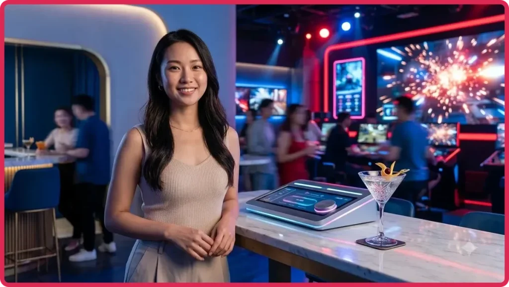 Phòng lounge sang trọng với ánh đèn neon đêm thành phố