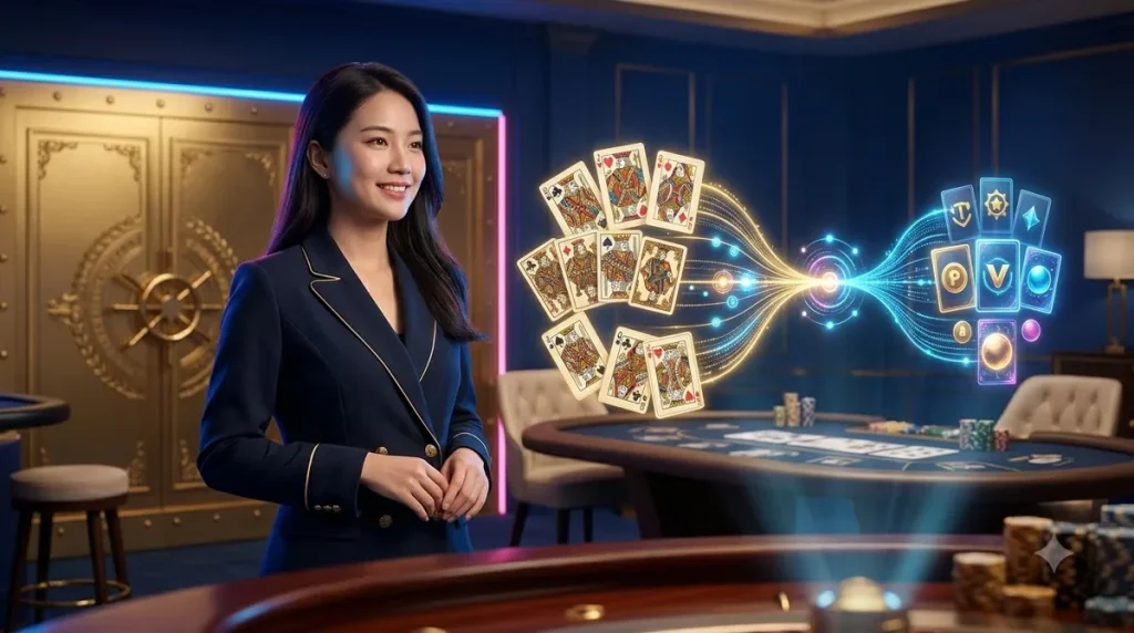 Minh họa các thể loại game bài với thẻ bài và biểu tượng xu vàng