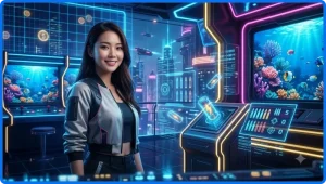 Khẩu pháo bắn đạn vàng phát sáng về phía đàn cá nhiều màu trong game bắn cá CM88