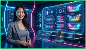Minh họa khái niệm kèo châu Á bóng đá CM88 với sân bóng hologram và biểu tượng tỷ lệ cược