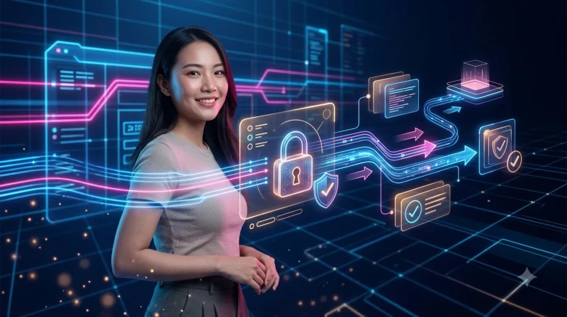 Minh họa không gian làm việc hiện đại với laptop đóng và ánh sáng xanh lá biểu thị sự an toàn và sẵn sàng.