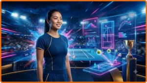 Người chơi tennis đang giao bóng trong sân vận động hiện đại với dữ liệu trận đấu dạng hologram