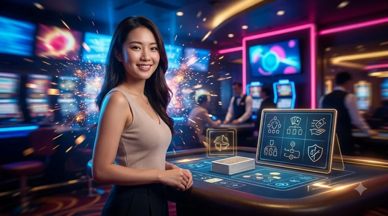 Sơ đồ bàn baccarat với ba cửa cược Player, Banker và Tie, tóm tắt luật chơi